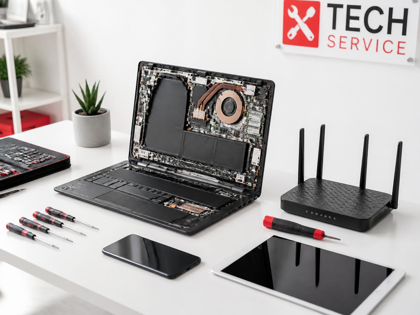 Laptop, phone, tablet and Wi-Fi router on a technician's repair bench